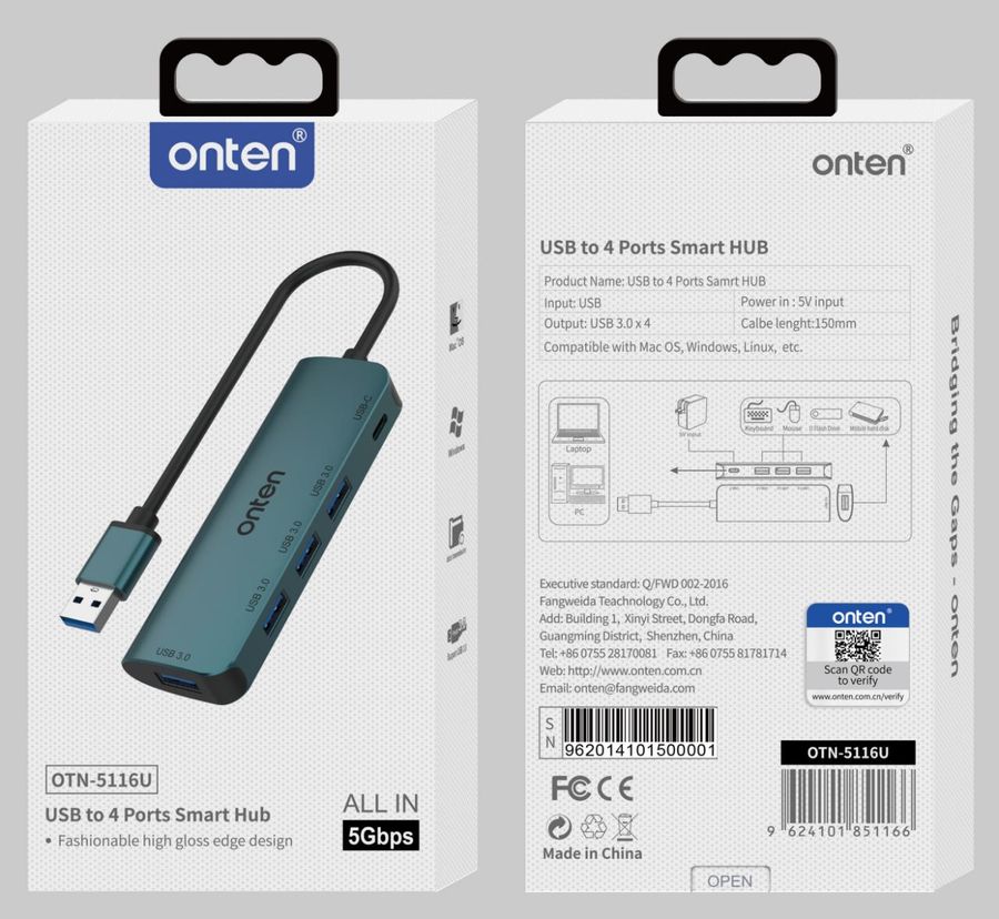 ONTEN OTN-5116U USB 3.0 4 Ports Samrt HUBs