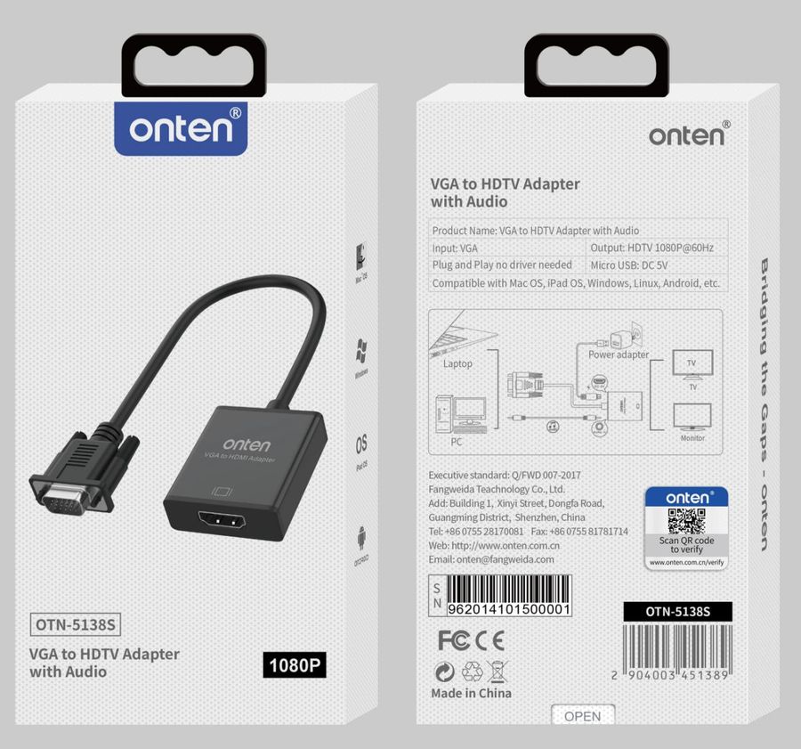 ONTEN OTN-5138S VGA to HDMI Adapter