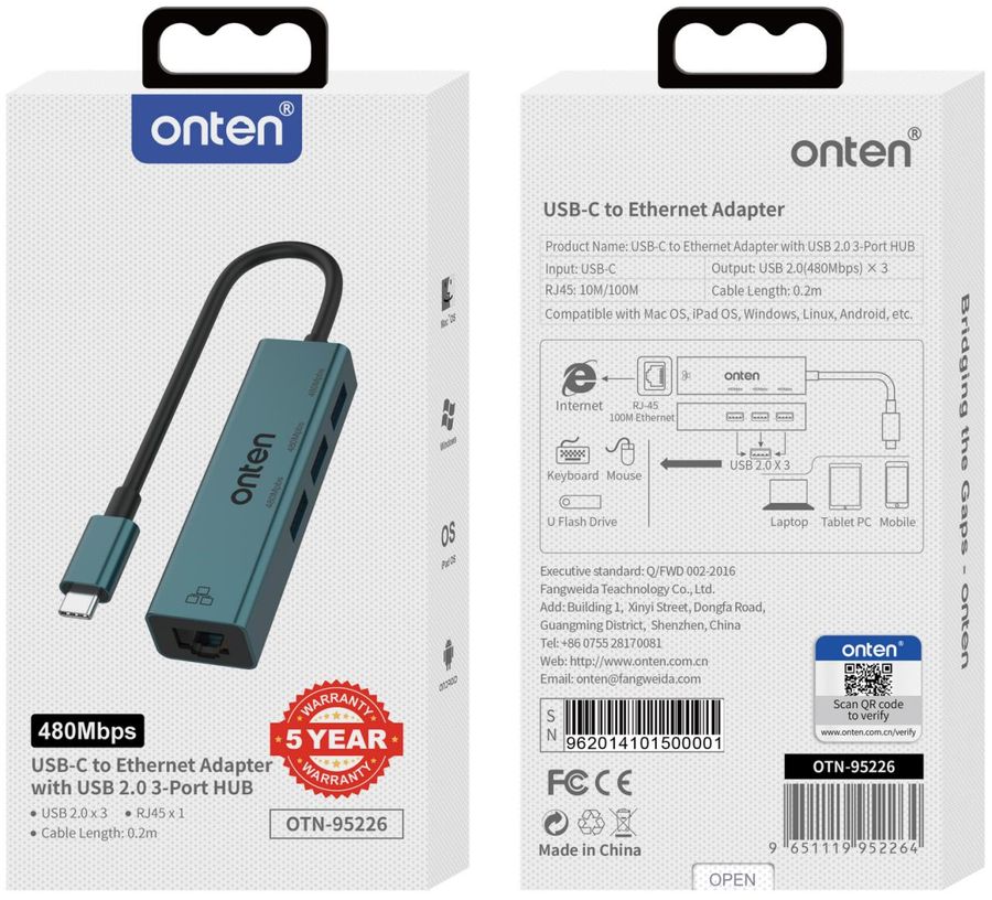 ONTEN OTN-95226 2.0HUB/Type-C to RJ45 Ethernet Adapter