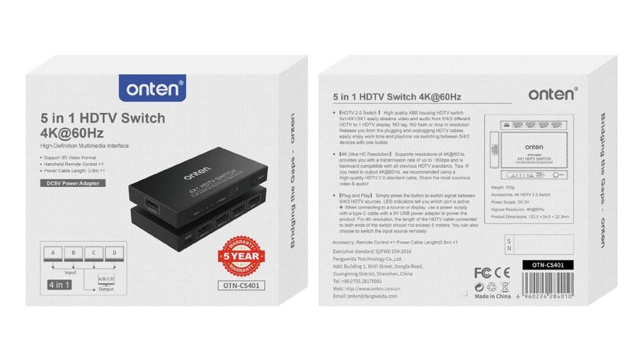 ONTEN OTN-CS401 4 in 1 4x1 HDMI 2.0 Switch 4K@60Hz 4x1 HDMI 2.0