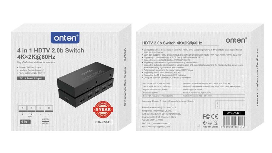 ONTEN OTN-CS441 4 in 1 4x1 HDMI 2.0b Switch 4K@60HZ 4x1 HDMI 2.0b 4K@60HZ