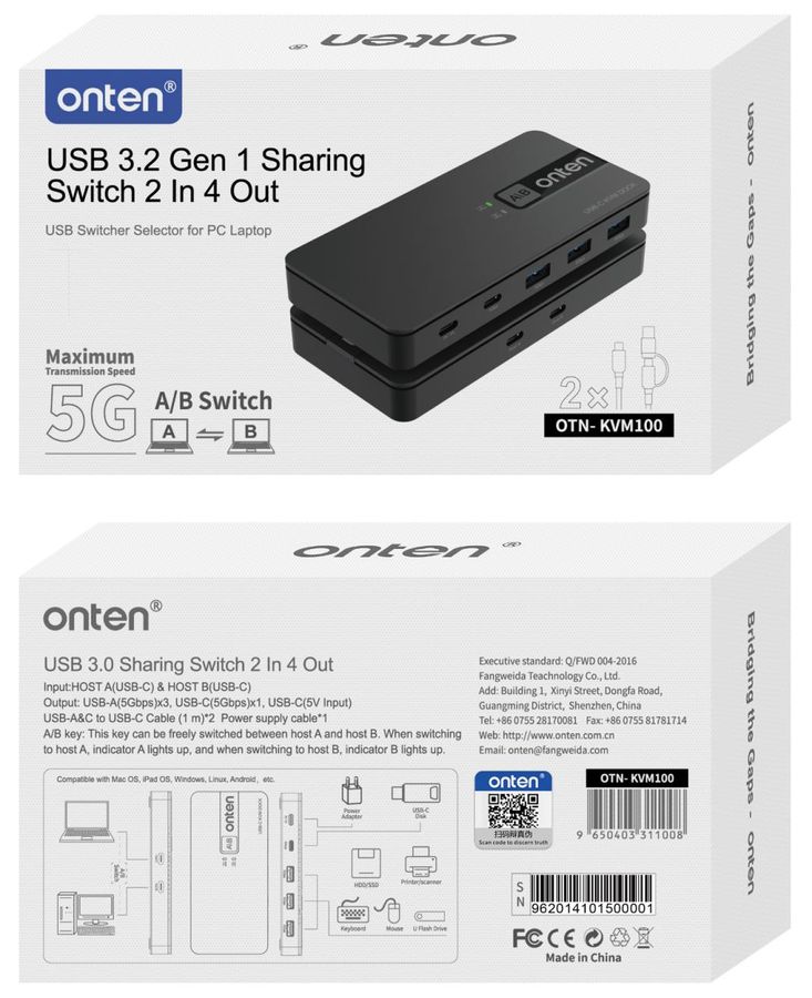 ONTEN OTN-KVM100 USB Switcher Selector for PC Laptop