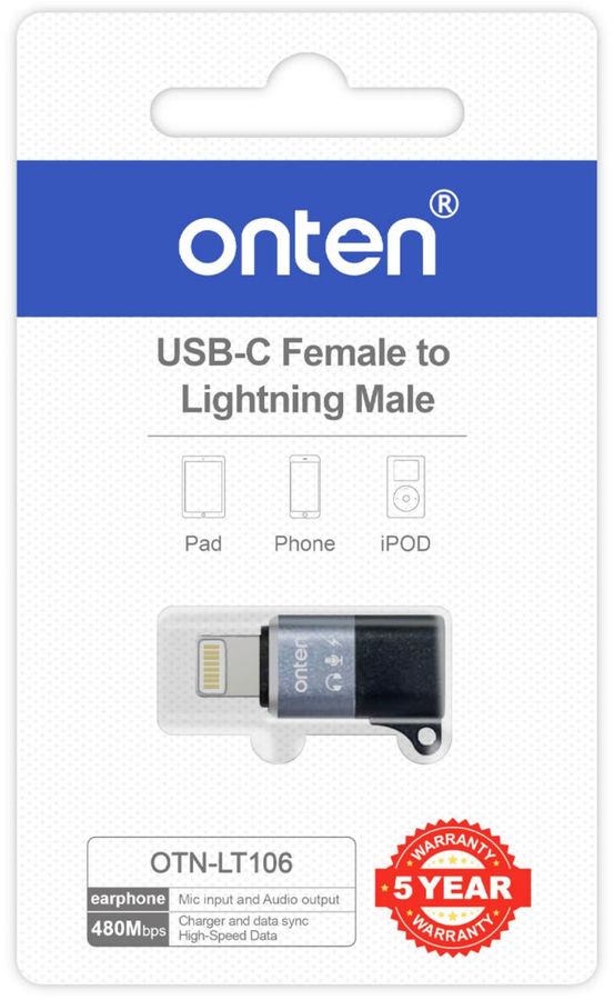 ONTEN OTN-LT106 Ligtning to USB-C(F) USB-C Female to Lightning Male Support: Type-C interface headphones, as well as cha