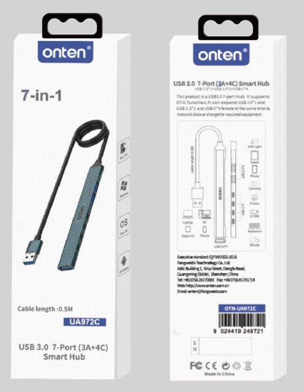 ONTEN OTN-UA972C USB 3.0 7-Port (3A+4C) Smart Hub USB 3.0