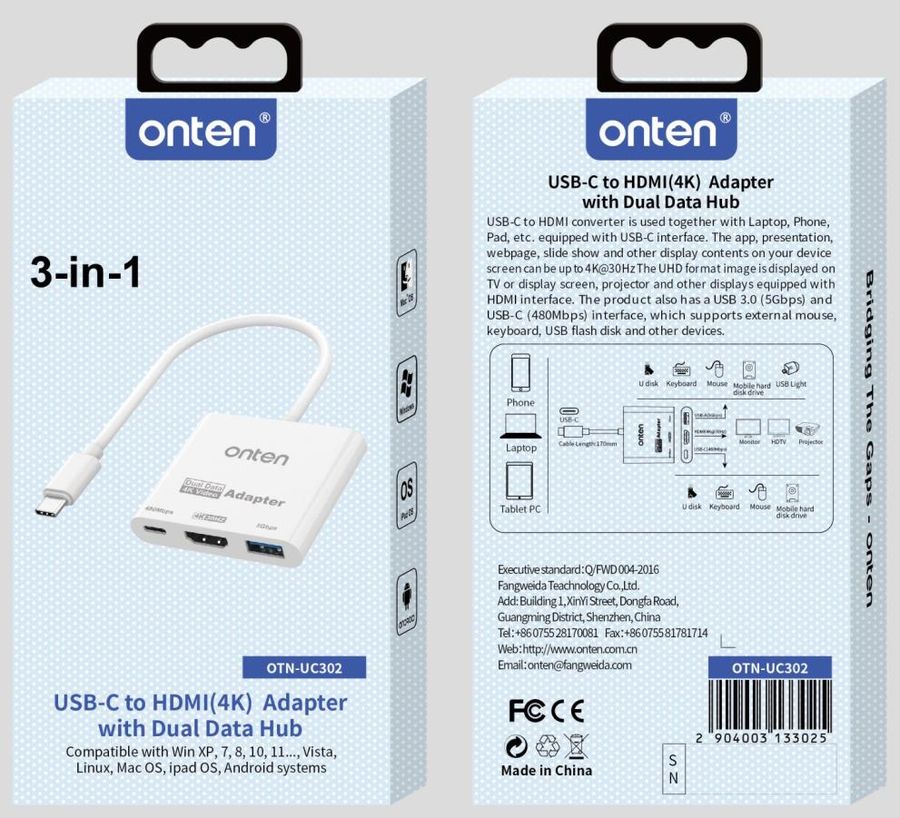 ONTEN OTN-UC302 3 -in- 1 USB-C to HDMI 4K@30Hz Adapter with Dual Data Hub USB-C