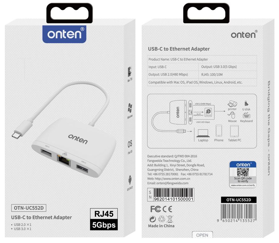 ONTEN OTN-UC552D 3-in-1 USB-C to Ethernet Adapter