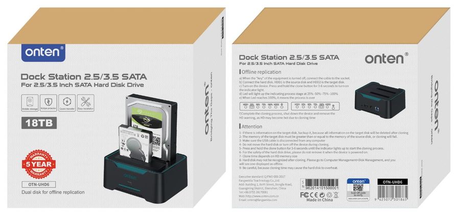 ONTEN OTN-UHD6 Dual Bay External Hard Drive Docking Station for 2.5/3.5 inch HDD/SSD MAX 2x16TB