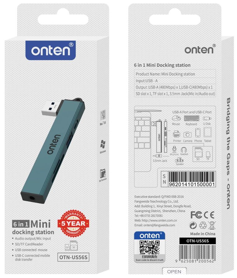 ONTEN OTN-US56S 6-in-1 90(61):USB-A to audio ++SD+TF+U2+C2