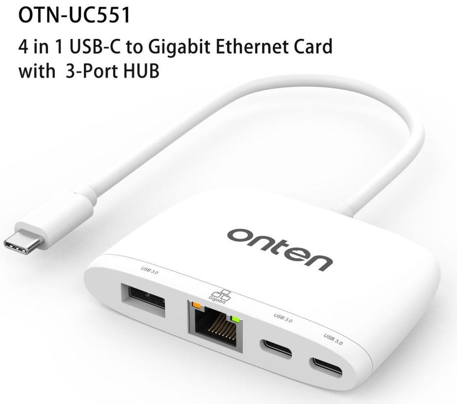 ONTEN OTN-UC551 4-in-1 USB-C to Gigabit Ethernet Adapter with 3 Ports HUB(USB 3.0*1+USB-C*2)